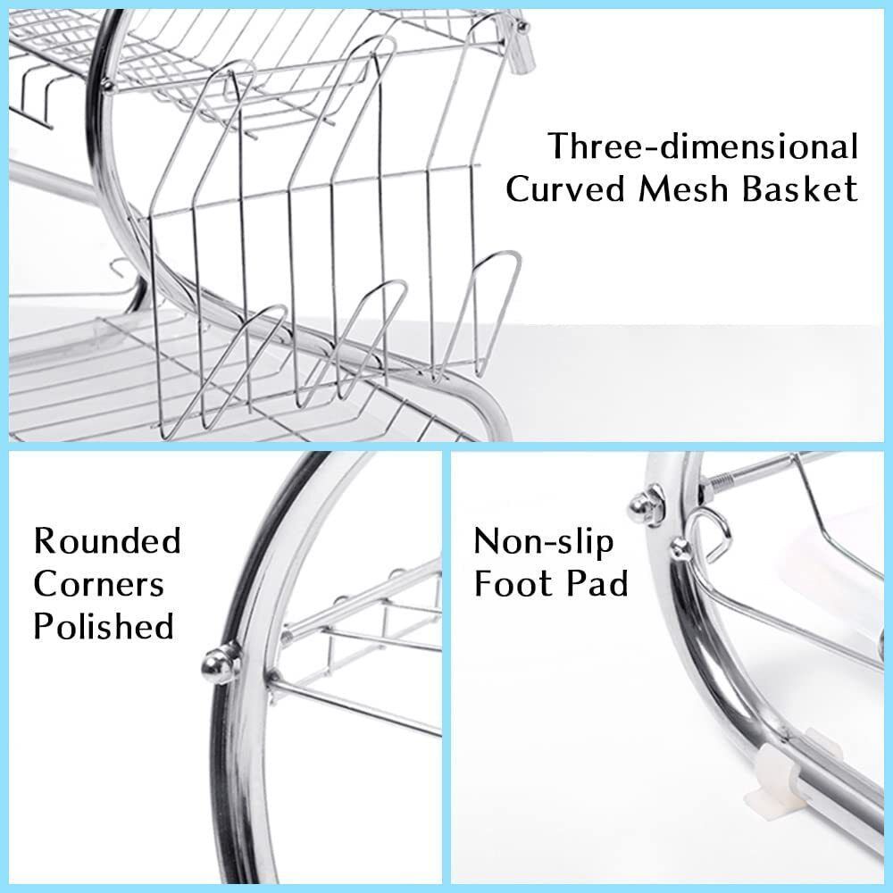 Dish Drying Rack, 2-Tier With Drip Tray Board, Bowl and Plate Holder