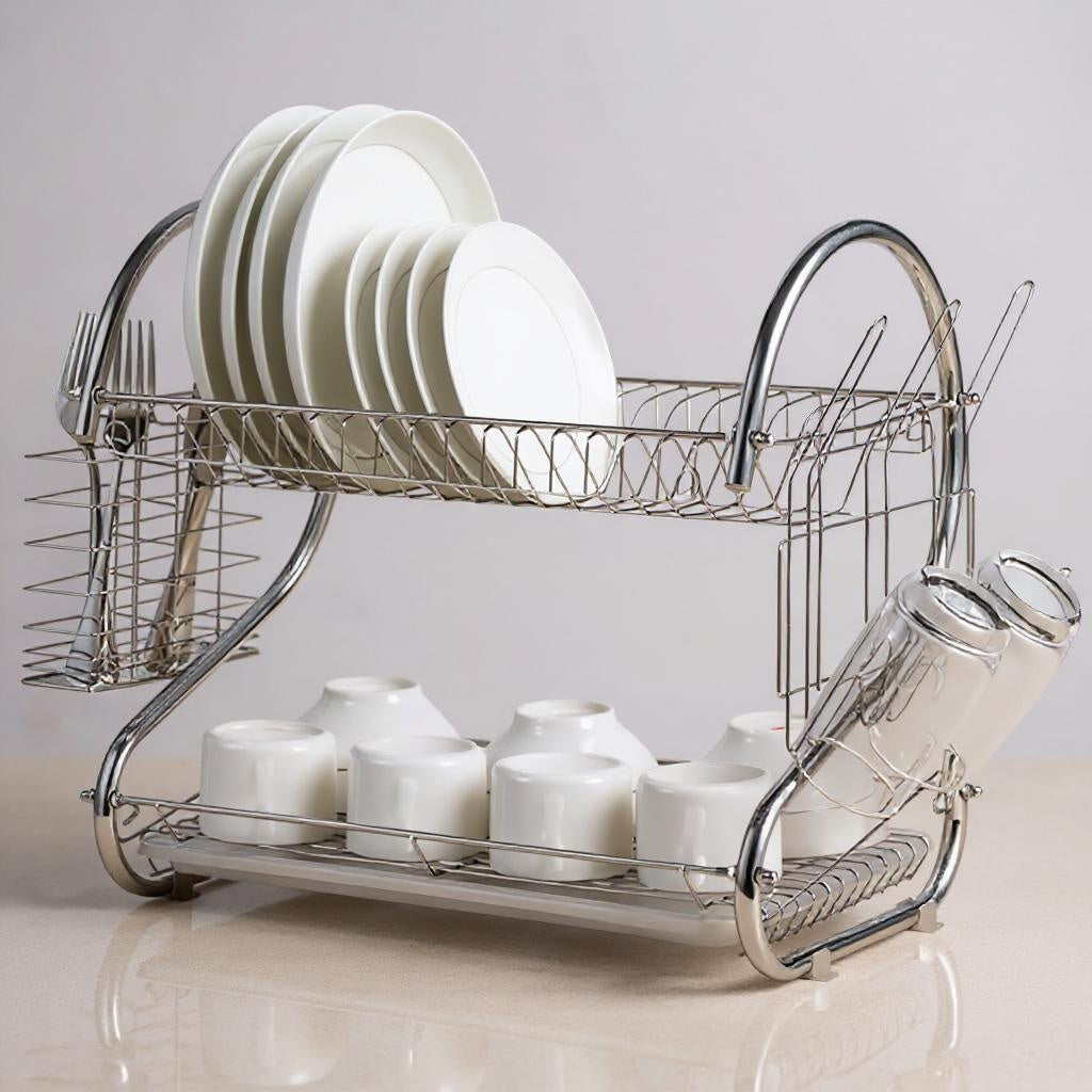 Dish Drying Rack, 2-Tier With Drip Tray Board, Bowl and Plate Holder