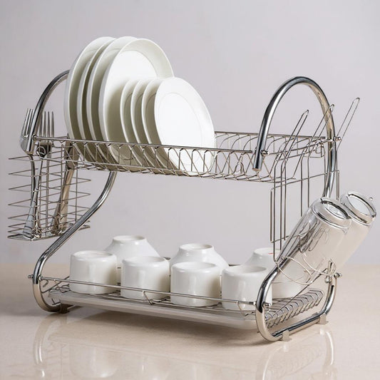 Dish Drying Rack, 2-Tier With Drip Tray Board, Bowl and Plate Holder