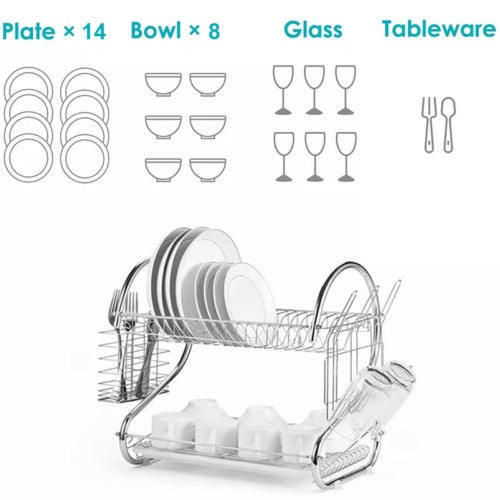 Dish Drying Rack, 2-Tier With Drip Tray Board, Bowl and Plate Holder
